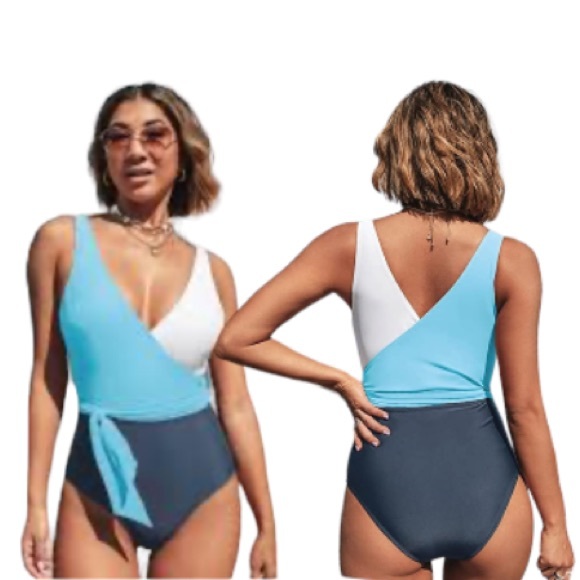 CUPSHE One Piece Blue Swimsuit Wrap Color Block with Tie Size Medium - Picture 1 of 16